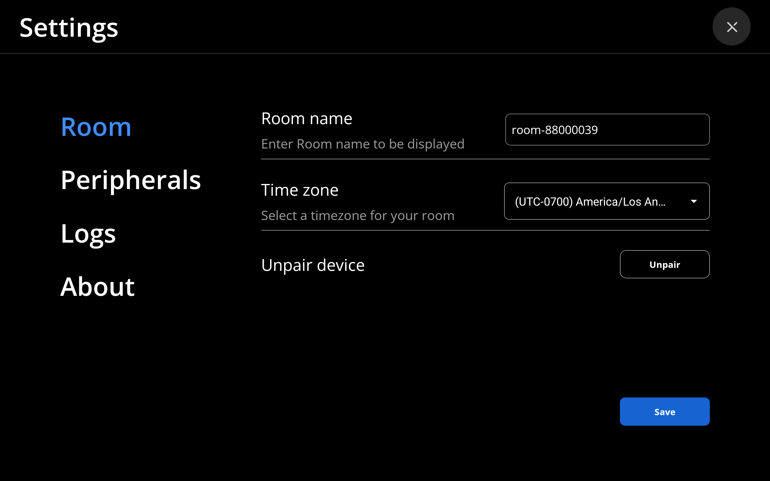 The Settings, Room page with the room name, Time Zone, and Unpair device options visible.